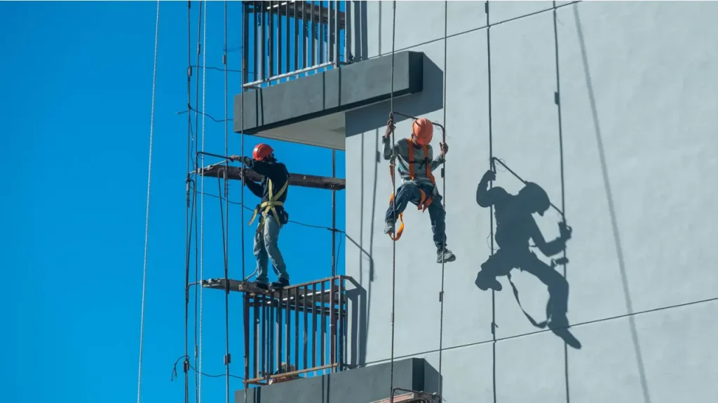 Ilustrasi pekerja yang bekerja pada ketinggian, mengenakan alat pelindung diri (APD) lengkap seperti harness, helm, dan sepatu keselamatan, serta mengikuti prosedur K3 yang aman.